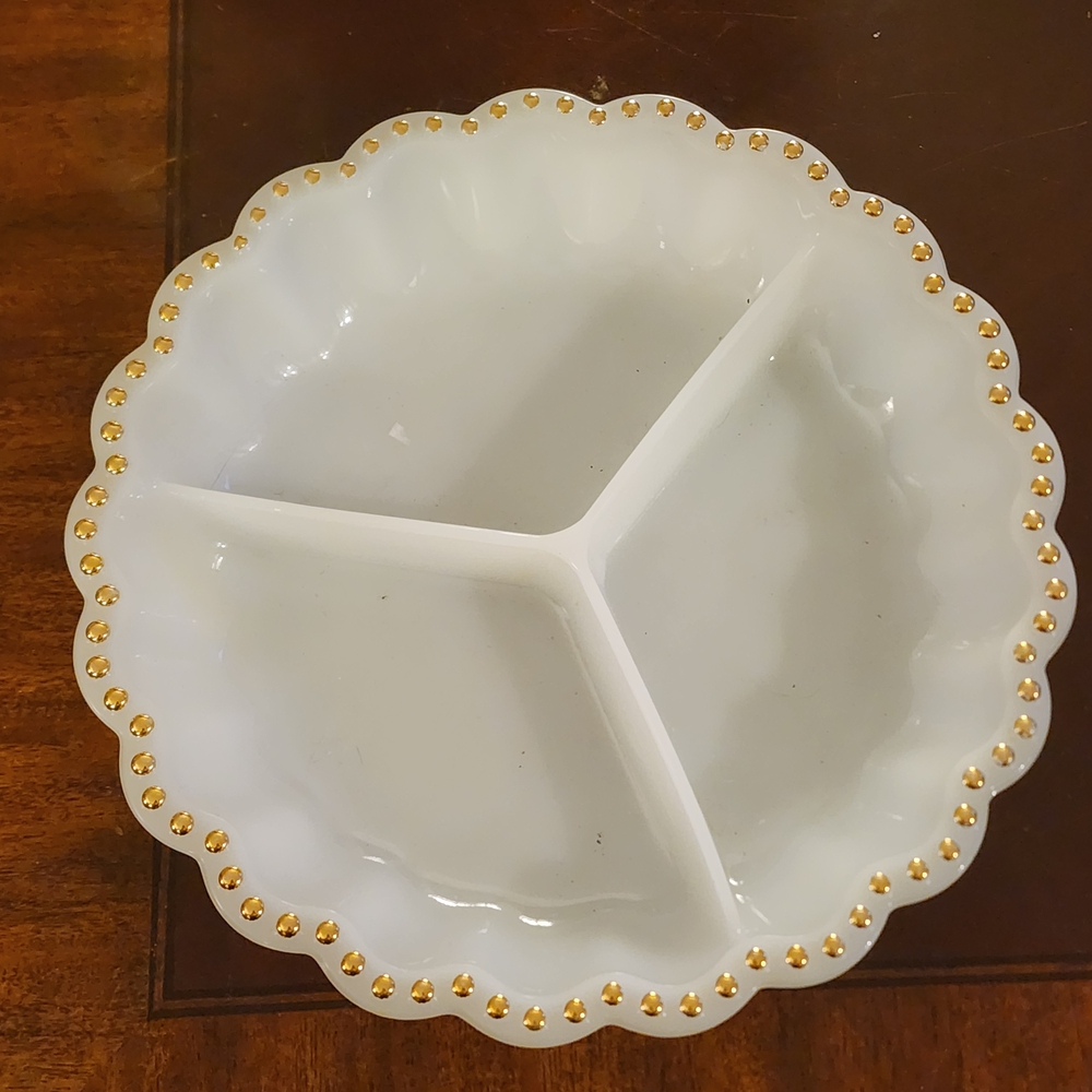 Fire King Anchor Hocking White and Gold Beaded Divided Serving Dish